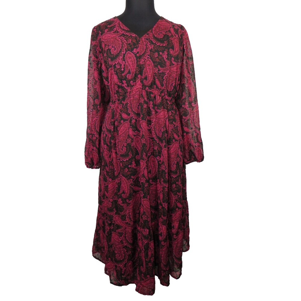 Torrid Black Red Paisley Clip Dot Long Sleeve Midi Dress Plus Size 3X